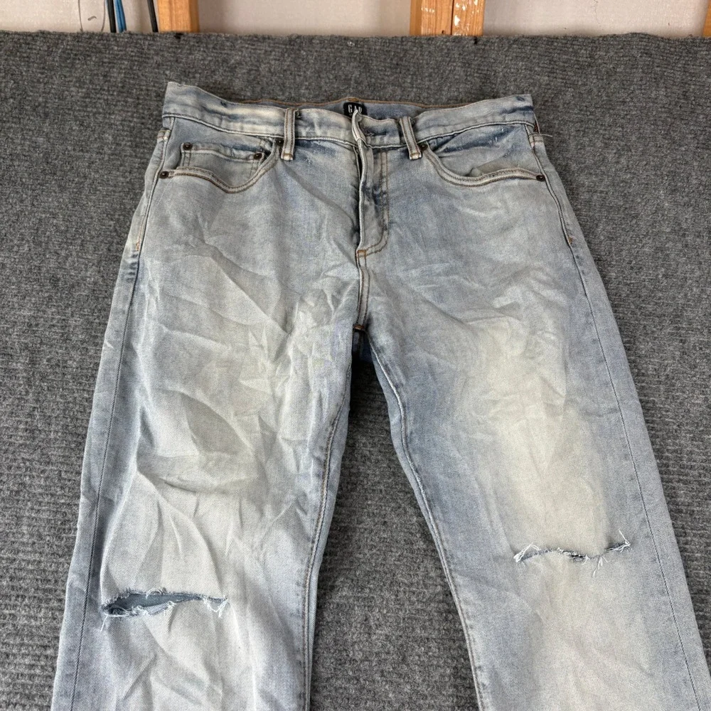 Gap Denim Mens 31x30 Slim Fit Jeans Light Wash Distressed Ripped Knee Denim
